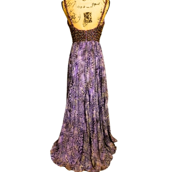 Tony Bowls La Gala Purple Leopard Pleated Maxi Gown - Picture 7 of 14